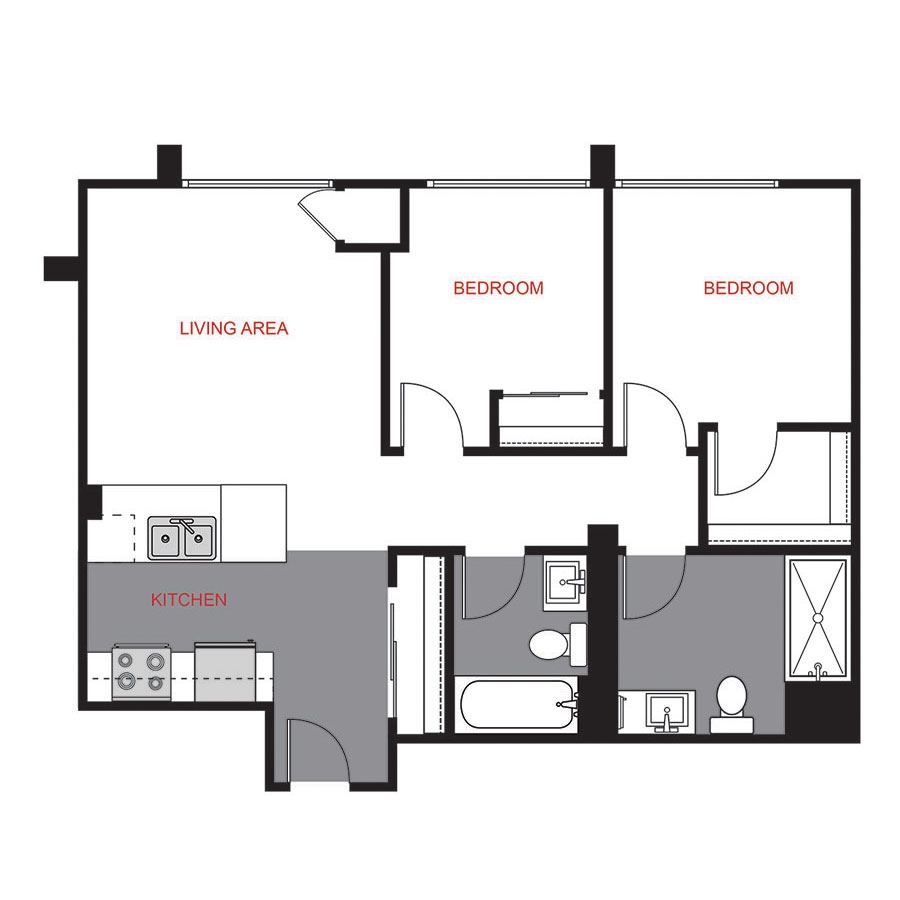 Rendering of the Plan B3 floor plan with 2 bedroom[s] and 2 bathroom[s] at 1375 High