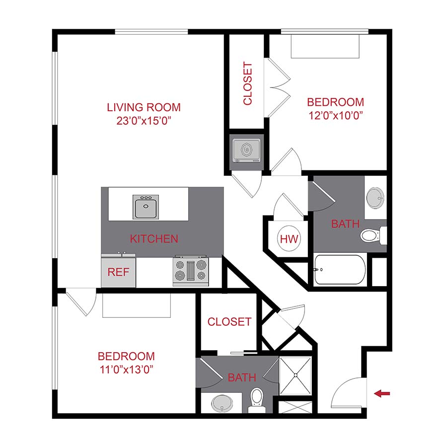 Rendering of the The Wren floor plan with 2 bedroom[s] and 2 bathroom[s] at 7/S Denver Haus