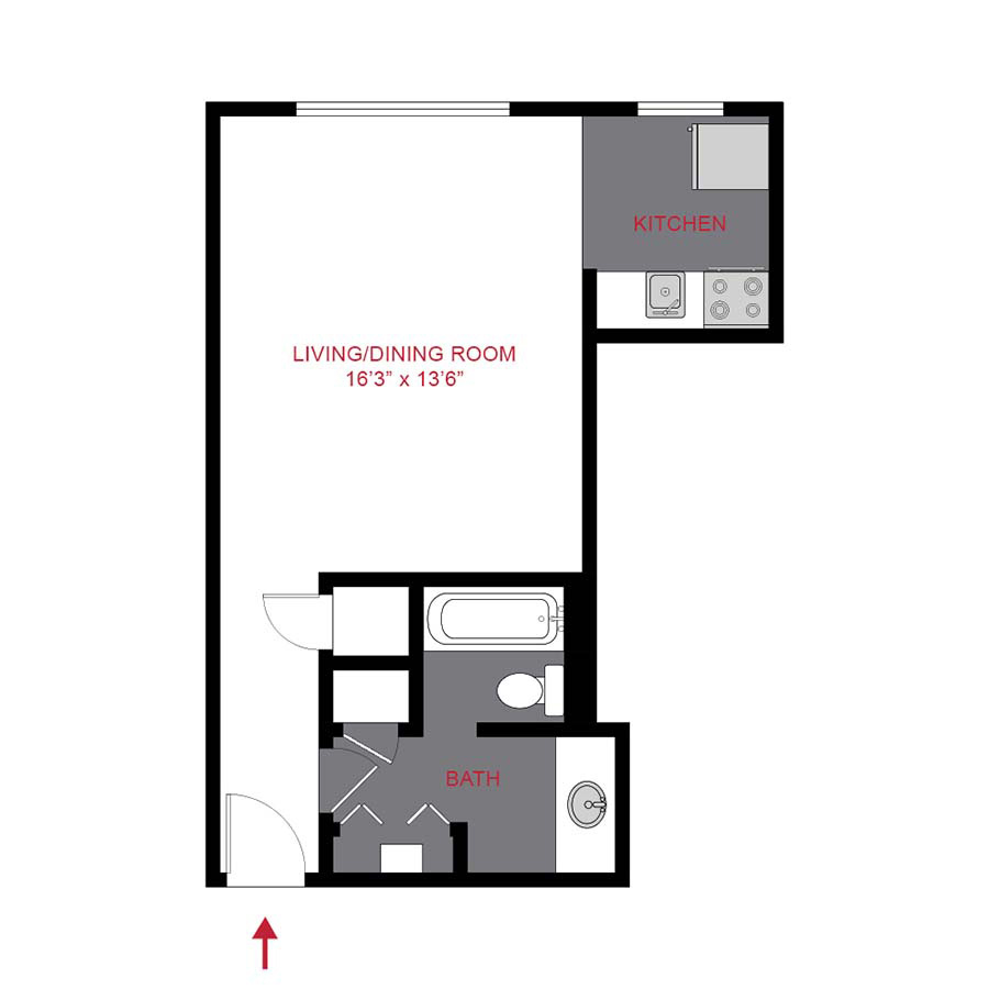 Rendering of the Plan S - Studio floor plan with a Studio bedroom and 1 bathroom[s] at 60 Corona