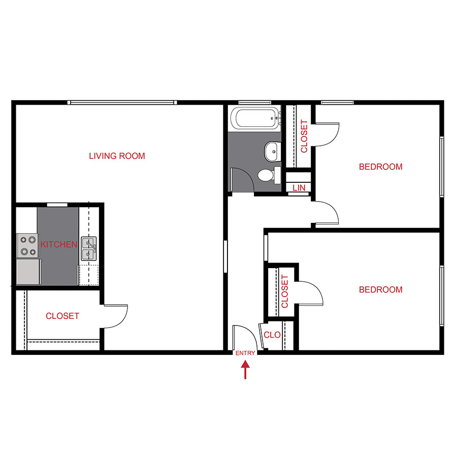 Rendering of the B1 floor plan with 2 bedroom[s] and 1 bathroom[s] at 611 East 11th