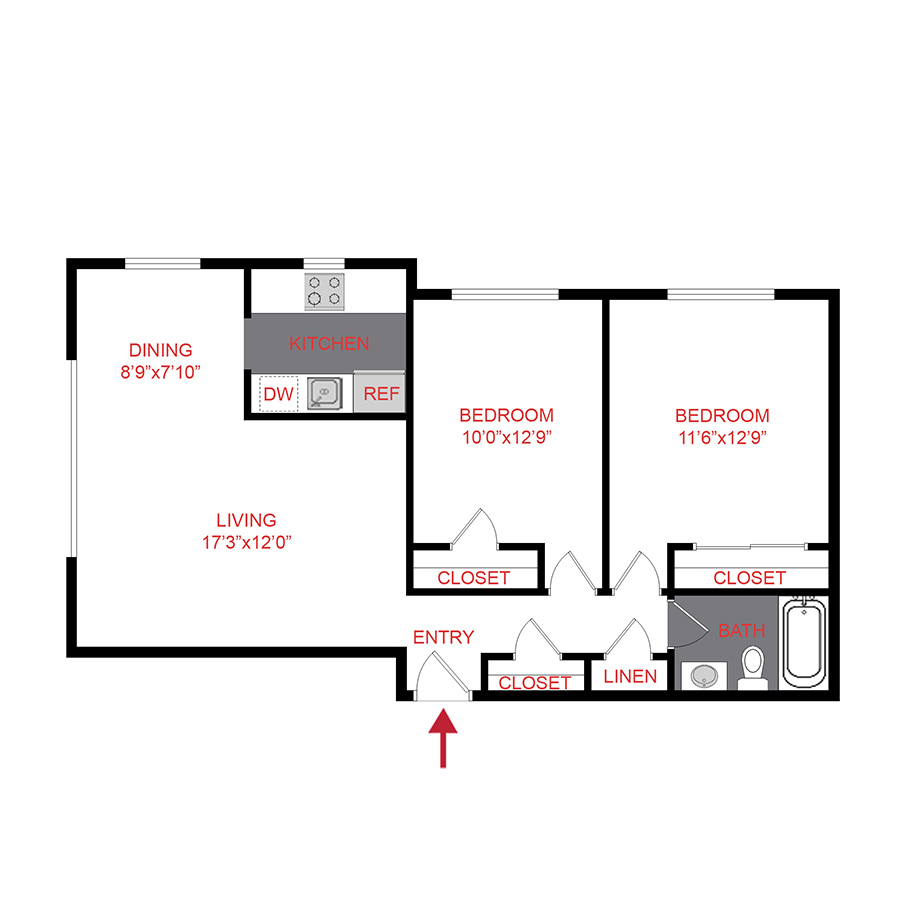 Rendering of the B1 floor plan with 2 bedroom[s] and 1 bathroom[s] at 25 Emerson