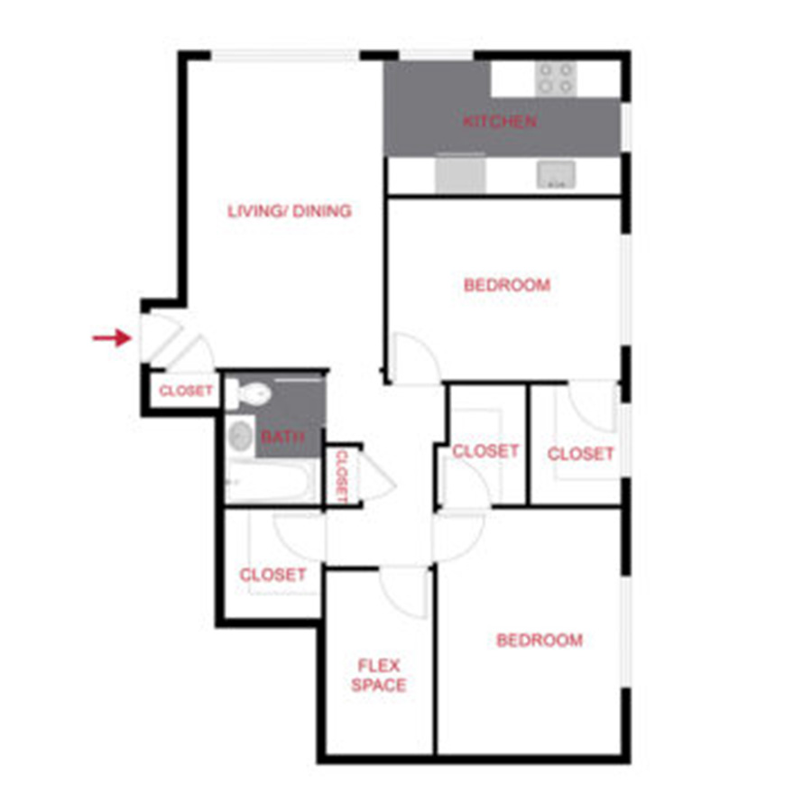 Rendering of the 820 Dexter - Plan B floor plan with 2 bedroom[s] and 1 bathroom[s] at The Dexters & Dahlias