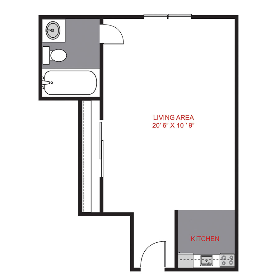 Rendering of the Plan S2 - Studio floor plan with a Studio bedroom and 1 bathroom[s] at The Novelist
