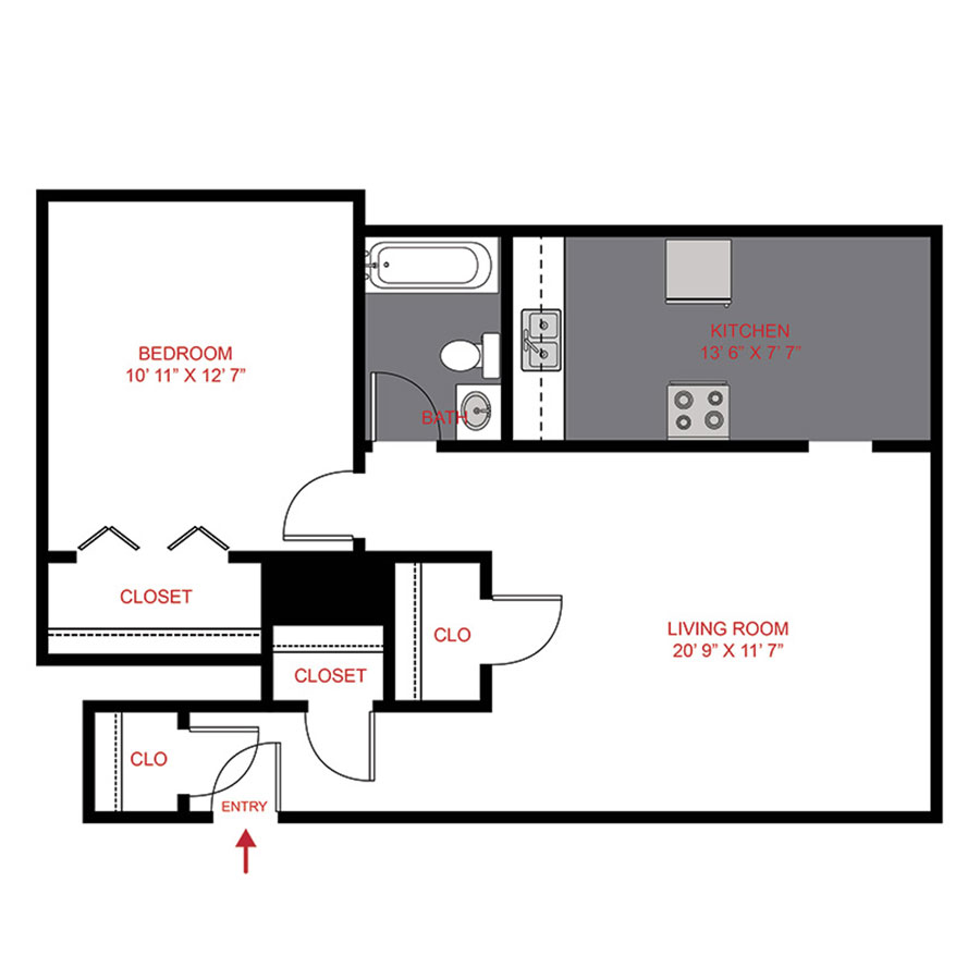 Rendering of the A4 floor plan with 1 bedroom[s] and 1 bathroom[s] at The Ash