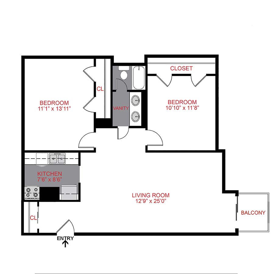 Rendering of the Plan B1 - Two Bedroom floor plan with 2 bedroom[s] and 1 bathroom[s] at 1311 Cook