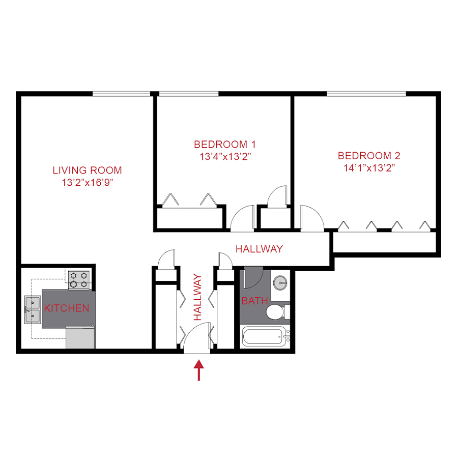 Rendering of the 2x1 floor plan with 2 bedroom[s] and 1 bathroom[s] at The Brit