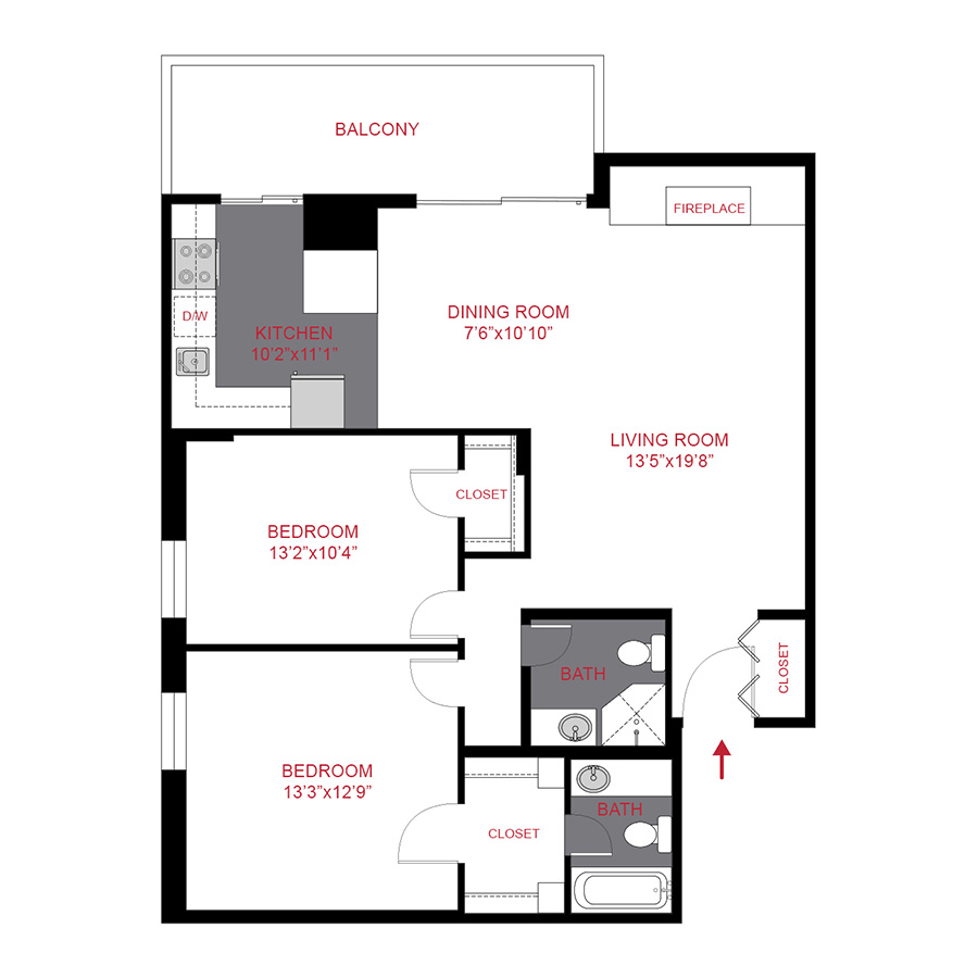 Rendering of the Plan B2 - Two Bedroom floor plan with 2 bedroom[s] and 2 bathroom[s] at 1044 Downing