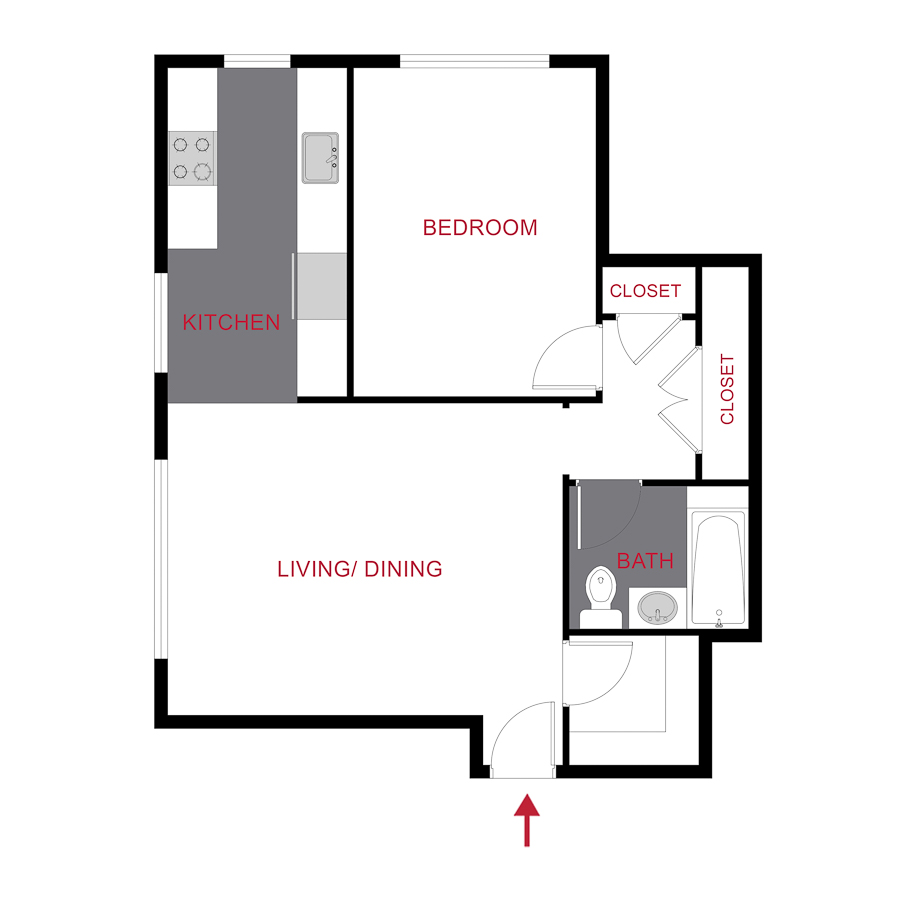 Rendering of the 880 Dexter - One Bedroom floor plan with 1 bedroom[s] and 1 bathroom[s] at The Dexters & Dahlias