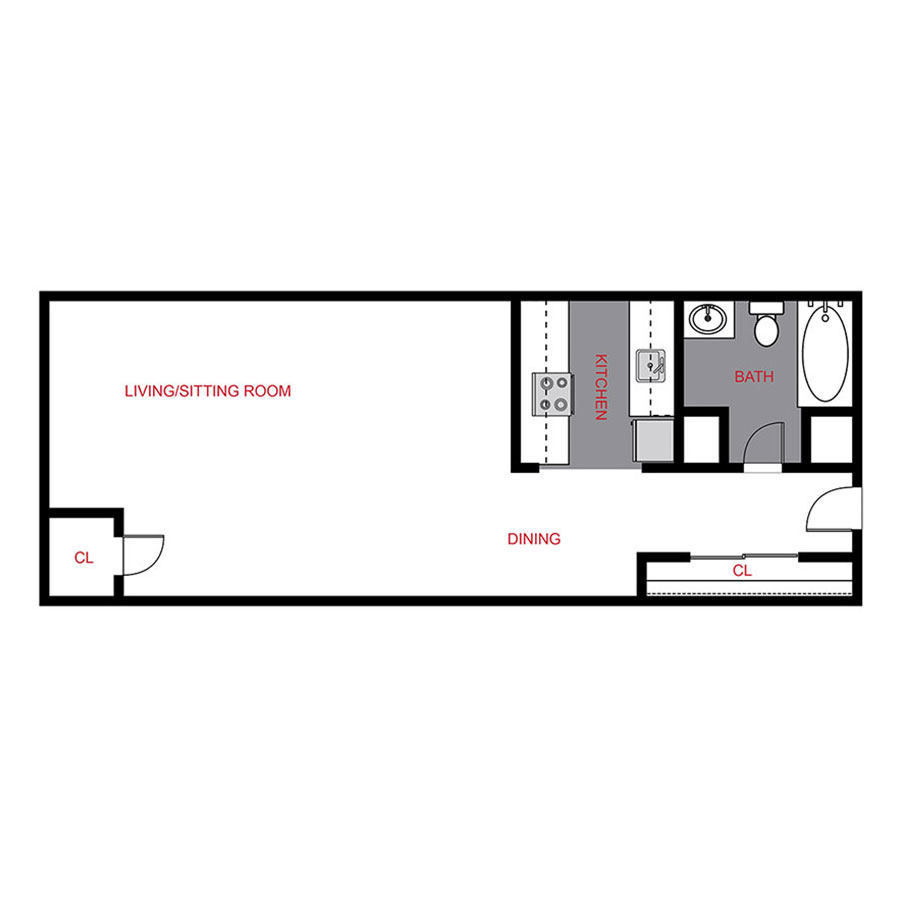 Rendering of the S1 floor plan with a Studio bedroom and 1 bathroom[s] at Colorado Station