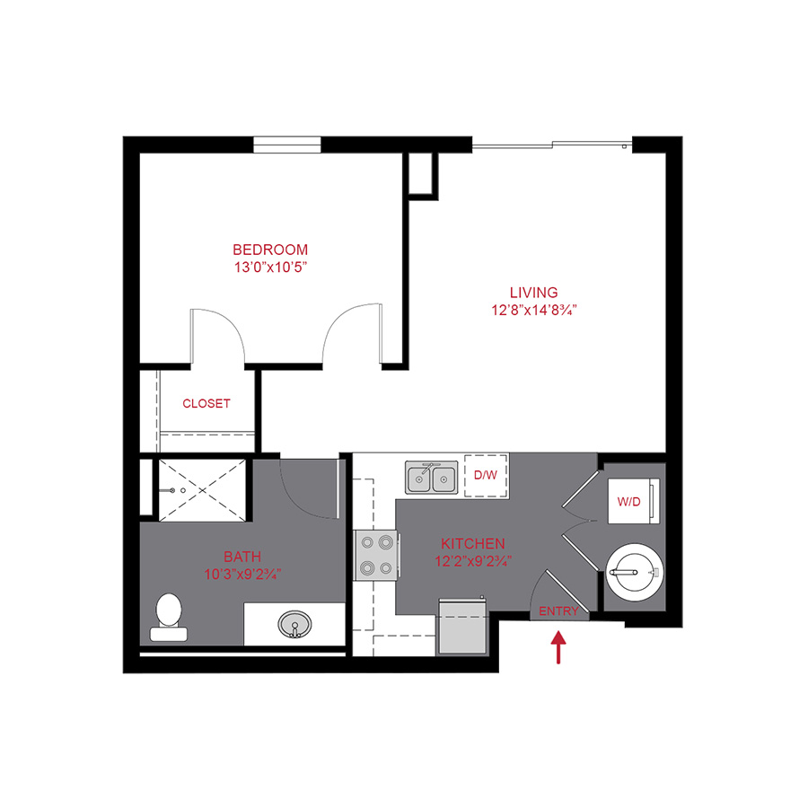 Rendering of the A1 floor plan with 1 bedroom[s] and 1 bathroom[s] at Story