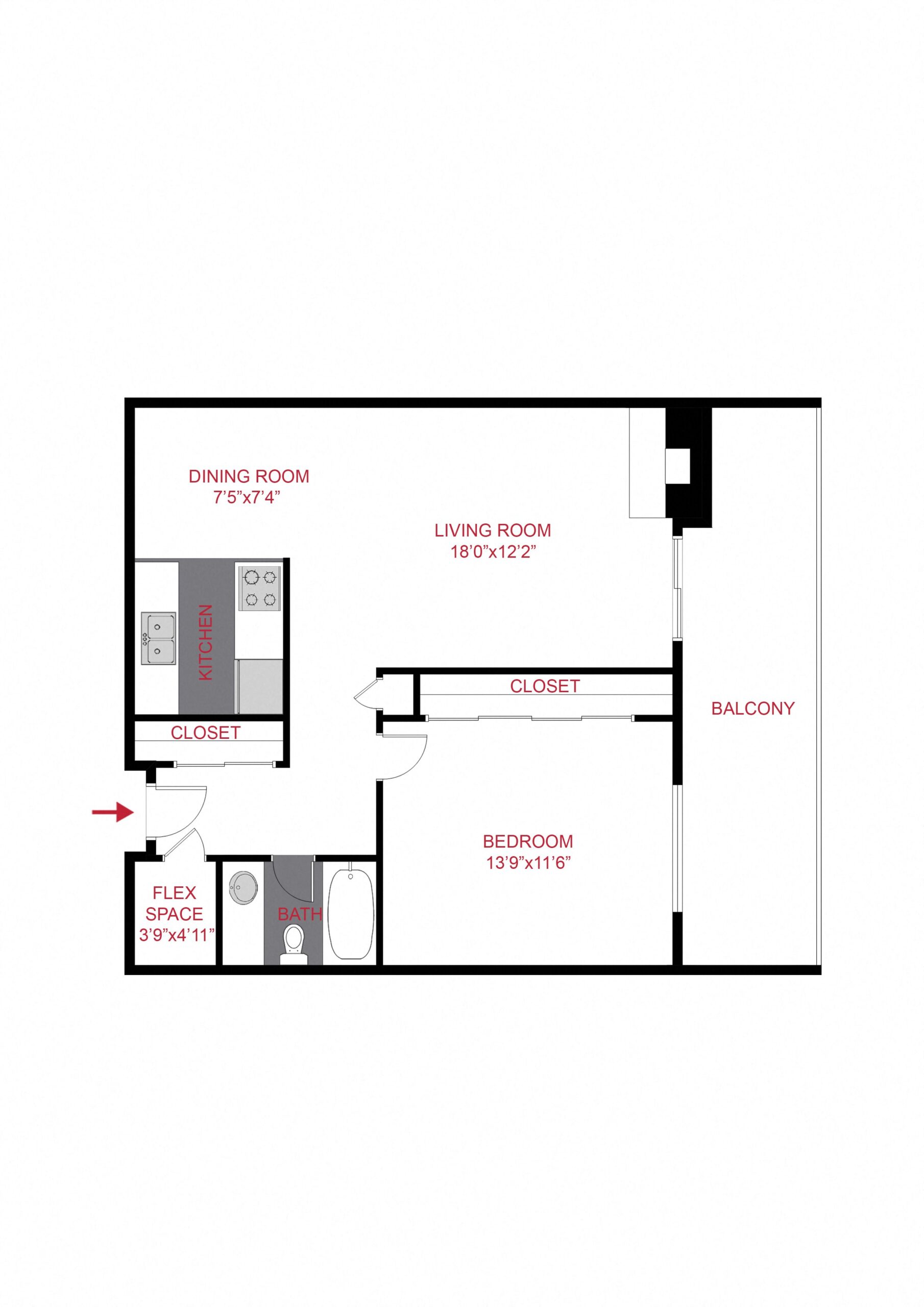 Rendering of the Plan A - One Bedroom floor plan with 1 bedroom[s] and 1 bathroom[s] at 1265 Downing