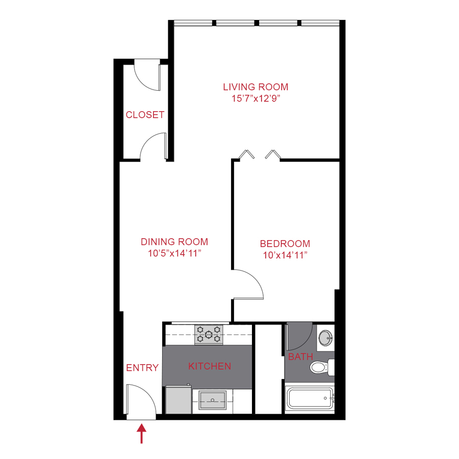 Rendering of the A6 floor plan with 1 bedroom[s] and 1 bathroom[s] at Colorado Station