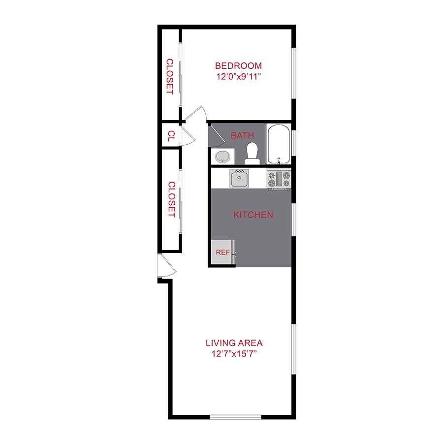 Rendering of the A1 floor plan with 1 bedroom[s] and 1 bathroom[s] at 1120/1136 York