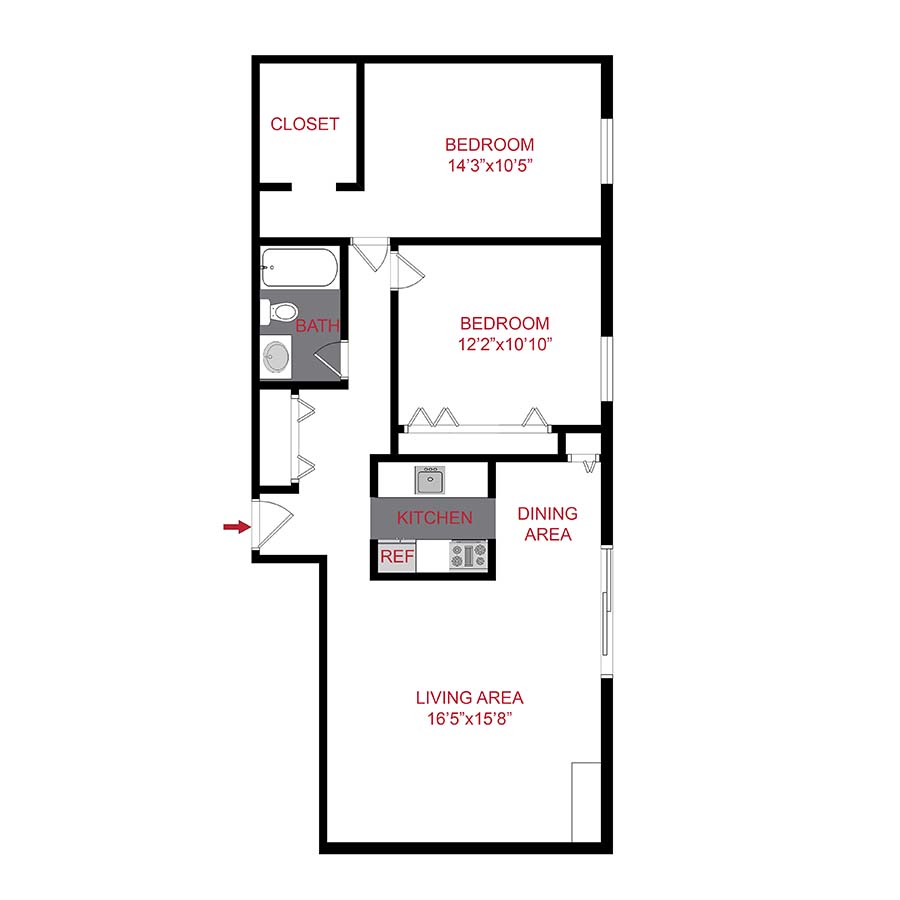 Rendering of the b1 floor plan with 2 bedroom[s] and 1 bathroom[s] at 950 Lafayette