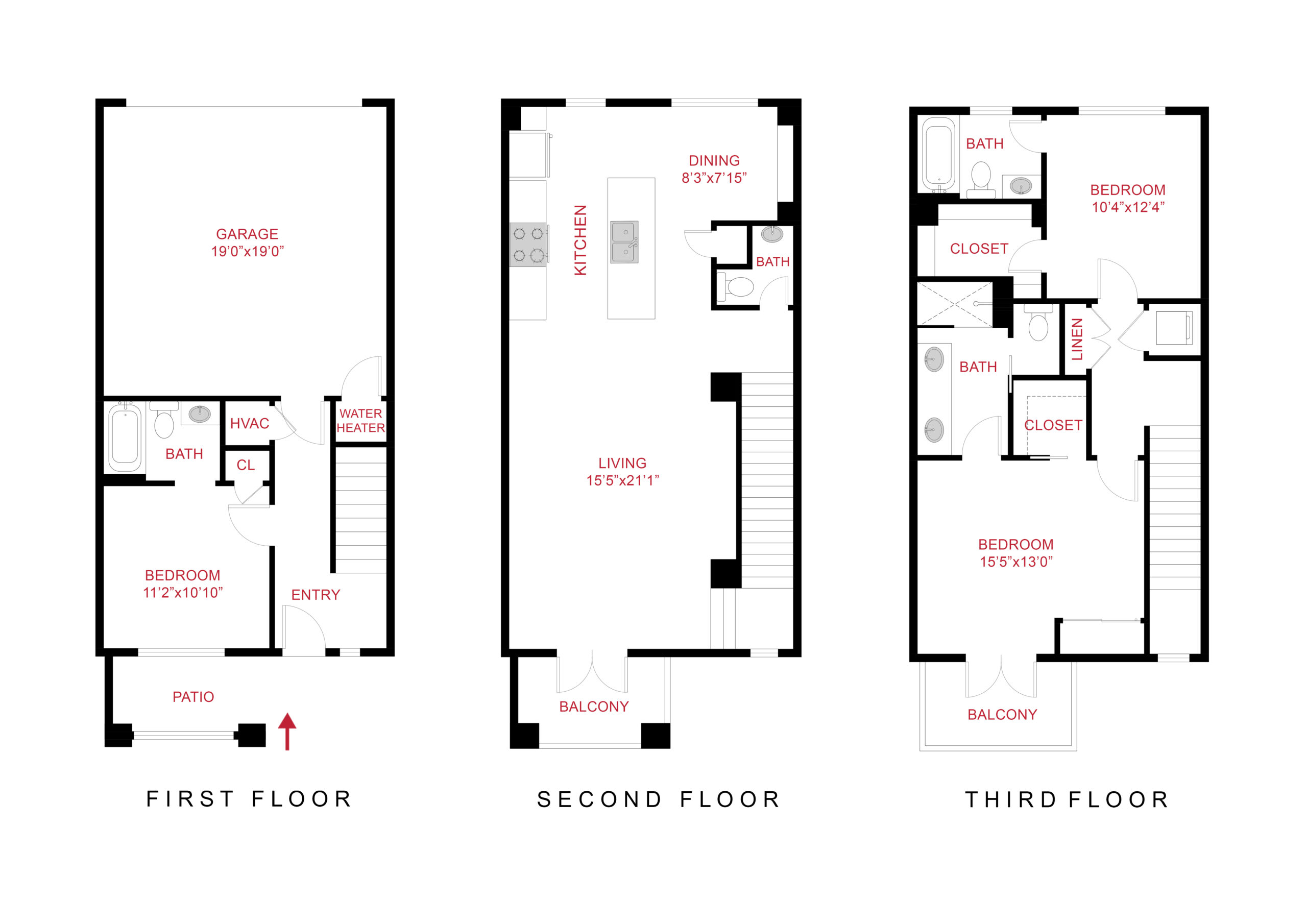 Rendering of the Oaks floor plan with 3 bedroom[s] and 3.5 bathroom[s] at Dayton Station Townhomes