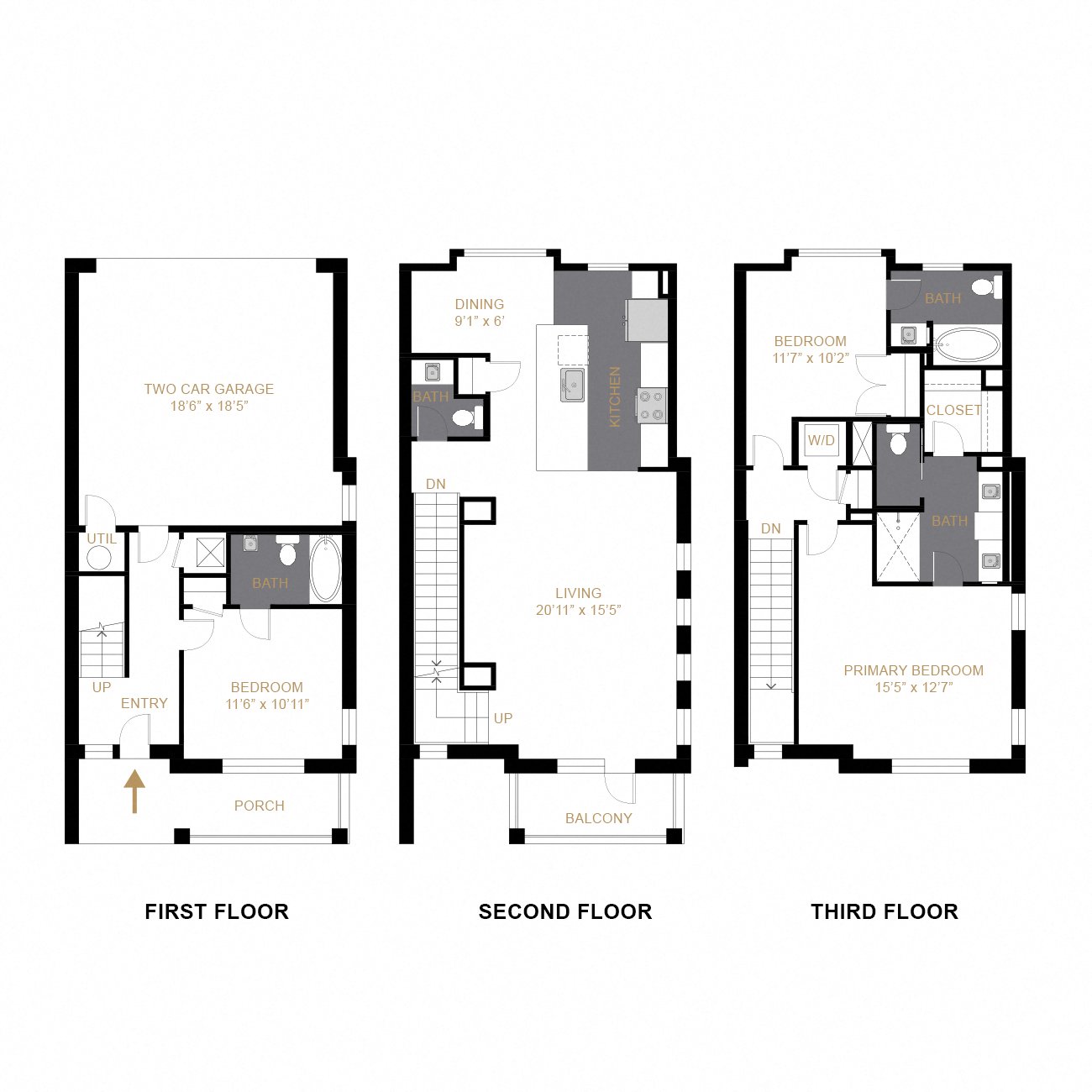 Rendering of the The Marquee floor plan with 3 bedroom[s] and 3.5 bathroom[s] at Allyson Townhomes