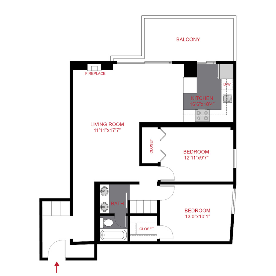 Rendering of the Plan B1 - Two Bedroom floor plan with 2 bedroom[s] and 1 bathroom[s] at 1044 Downing