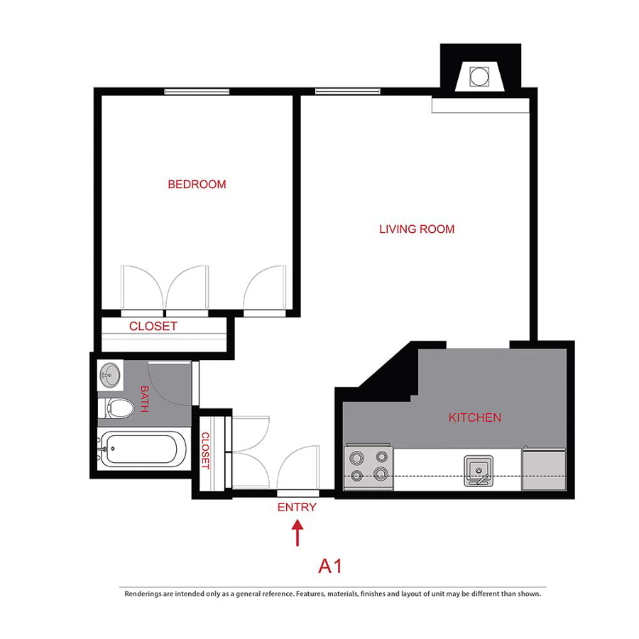Rendering of the A1R floor plan with 1 bedroom[s] and 1 bathroom[s] at 899 Washington