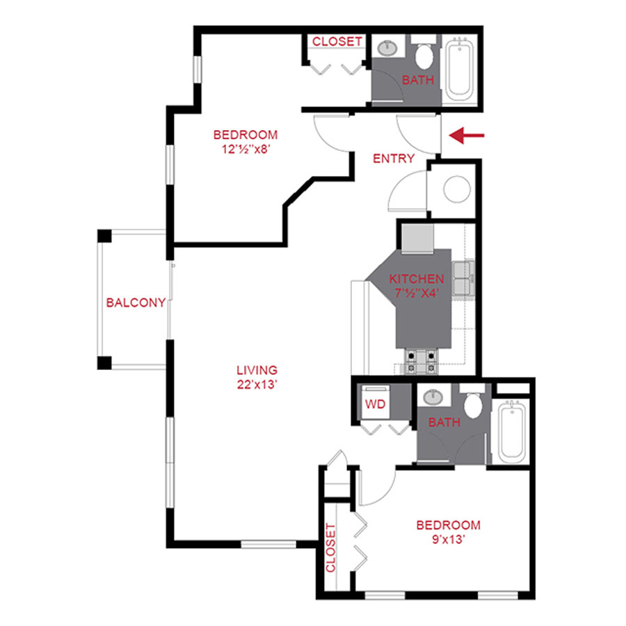 Rendering of the B2 floor plan with 2 bedroom[s] and 2 bathroom[s] at Trocadero